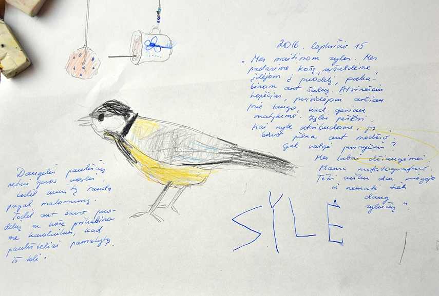 <p>Gamtininko dienoraščio įrašas apie paukščius. Tekstą diktuoja vaikai, aš užrašau. Piešiam kartu - kartais aš padarau kontūrus, kartais nupiešiu detales</p>
